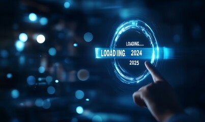 Fototapeta premium Progress and transition from 2024 to 2025 concept. A person pointing to loading bar transitioning from 2024 to 2025, progress, future planning, and new year goals. annual planning and business growth