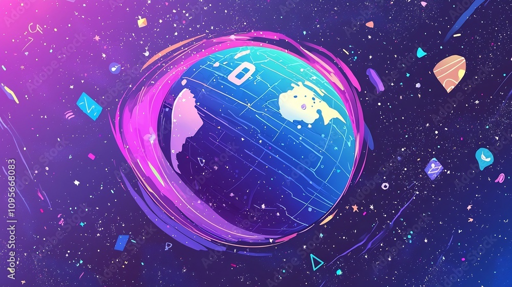 Poster generative depicting the earth surrounded by a vibrant ozone layer and various preservation icons