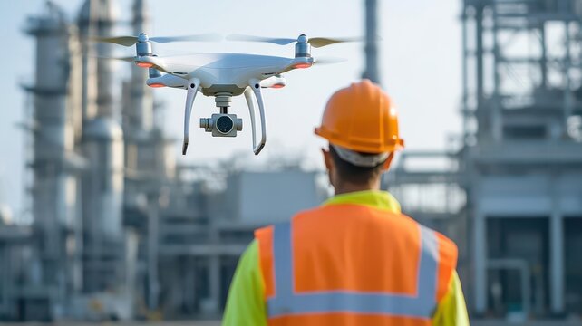 Technicians using drones to monitor a large waste treatment facility, ensuring proper operations   drone technology, waste monitoring