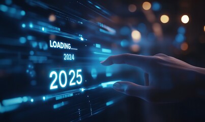  Progress and transition from 2024 to 2025 concept. A person pointing to loading bar transitioning from 2024 to 2025, progress, future planning, and new year goals. annual planning and business growth