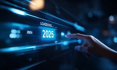 Fototapeta premium Progress and transition from 2024 to 2025 concept. A person pointing to loading bar transitioning from 2024 to 2025, progress, future planning, and new year goals. annual planning and business growth