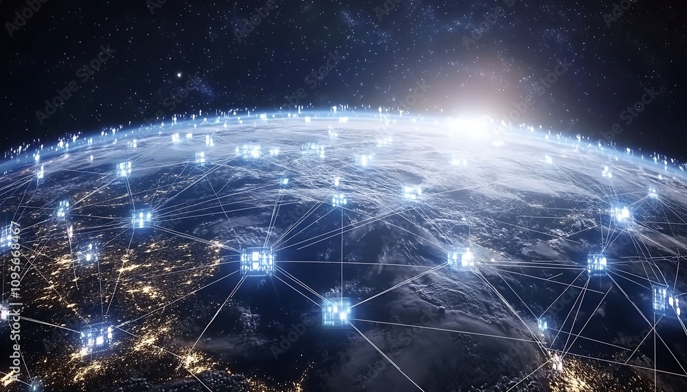 Poster a digital representation of earth with interconnected nodes symbolizing a network.