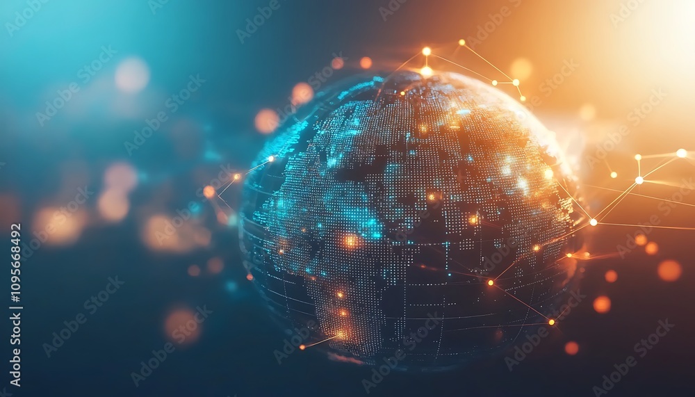 Poster a digital representation of a globe with interconnected nodes and glowing elements.
