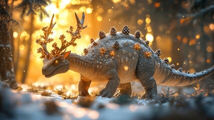 Enchanted Dinosaur with Pinecone Antlers in a Magical Forest Setting at Sunset