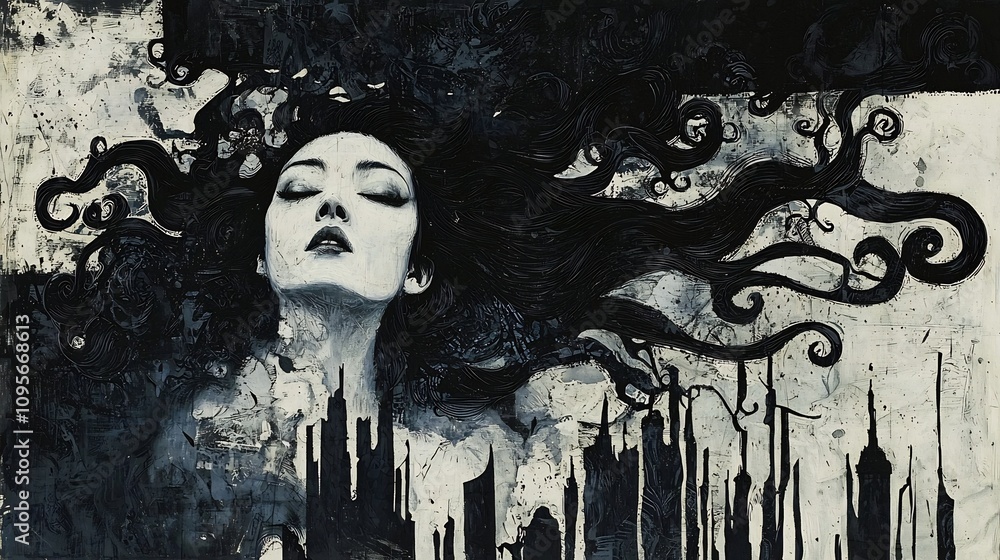 Poster haunting and mysterious abstract depicting a dramatic female portrait with flowing hair set against 