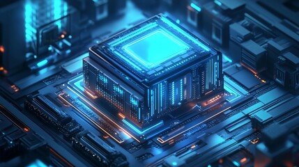 Obraz premium Futuristic glowing blue CPU on circuit board.
