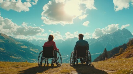 Fototapeta premium Couple in wheelchairs enjoying mountain view. (1)