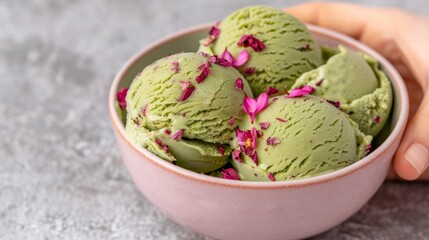 Creamy green ice cream garnished with petals.
