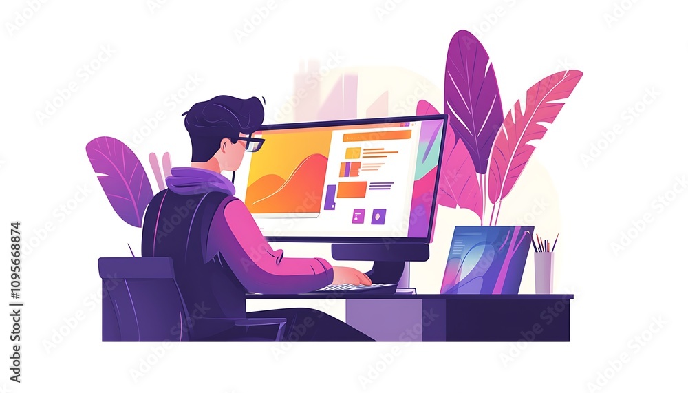 Poster a person working on a computer in a modern workspace with plants.