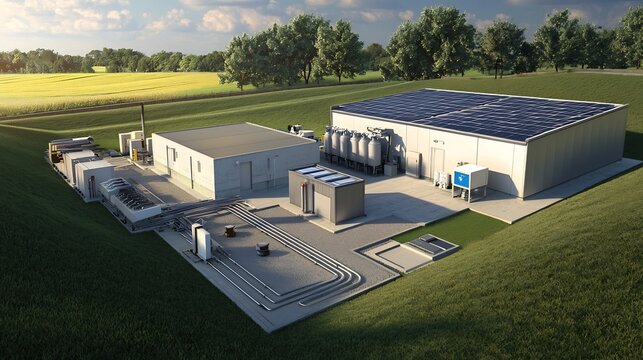 Innovative Off Grid Solar Energy Harvesting Facility in Countryside Landscape   Advanced Renewable Energy Technology for Sustainable and Self Sufficient Power Solutions