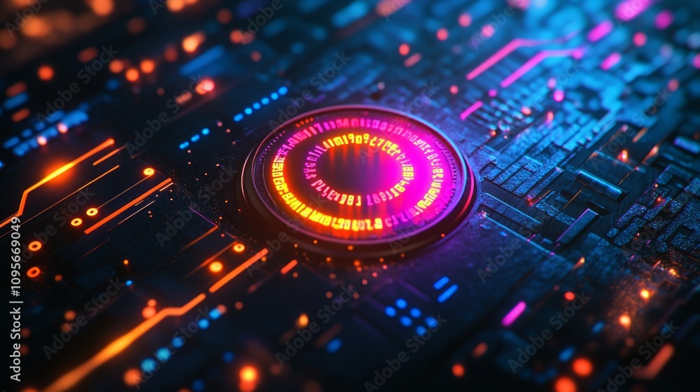 Poster futuristic glowing circuit board with central processing unit.