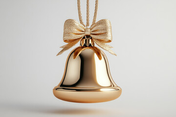 Gold bell adorned with a bow, placed on a velvet red ribbon against a festive backdrop.
