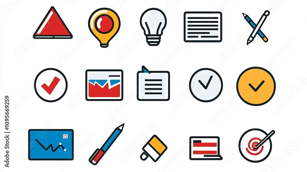 Poster minimal set of 15 black outline icons representing concepts and tools for digital marketing business