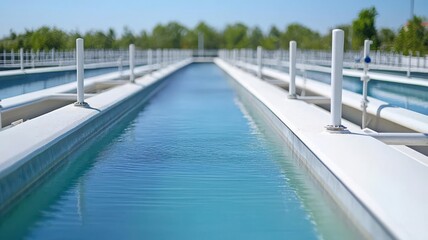 Obraz premium Wastewater flowing through a series of filtration pools, undergoing biological treatment filtration pools, biological treatment