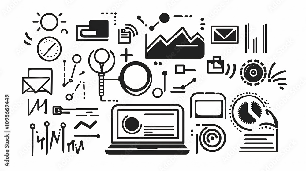 Poster minimalist set of 15 black and white digital marketing icons emphasizing creative production process