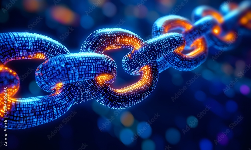 Poster digital chain link glowing with binary code.