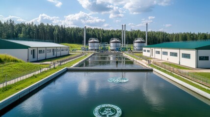 Fototapeta premium Wastewater treatment plant utilizing anaerobic digesters to produce biogas from organic waste anaerobic digesters, biogas production