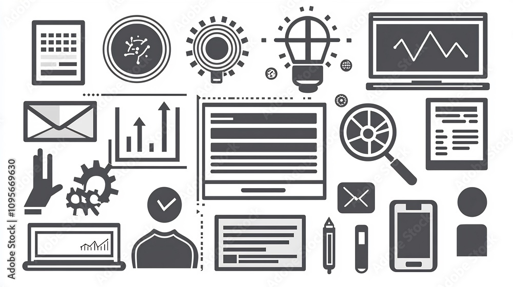 Poster monochrome set of 15 minimalist and modern digital marketing and business management icons featuring
