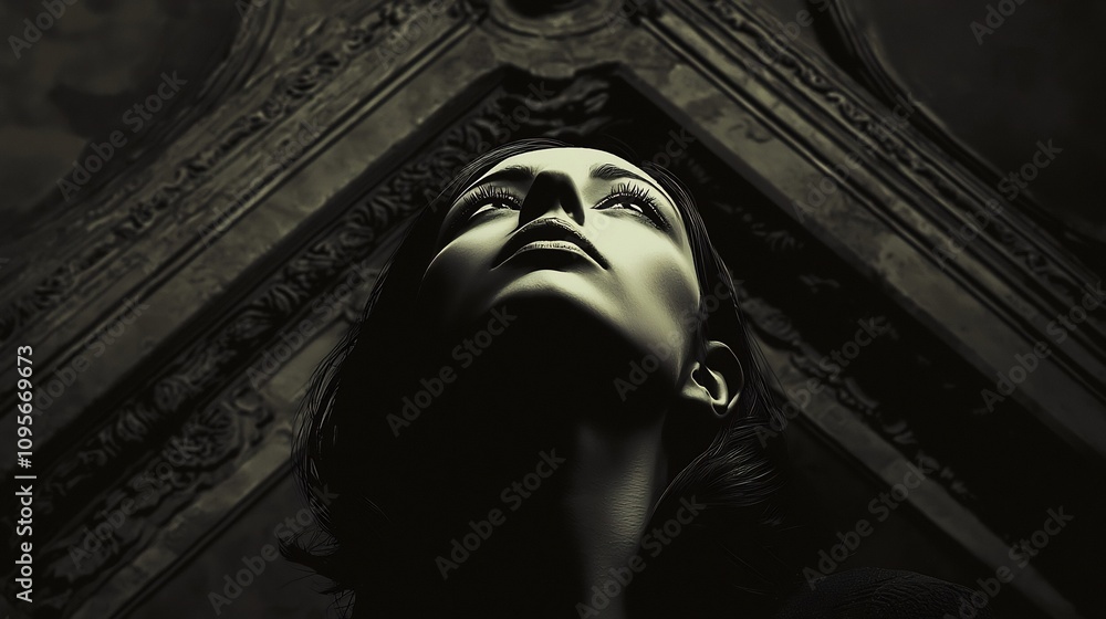 Poster mysterious and captivating digital portrait of a woman enveloped in dramatic shadows and architectur