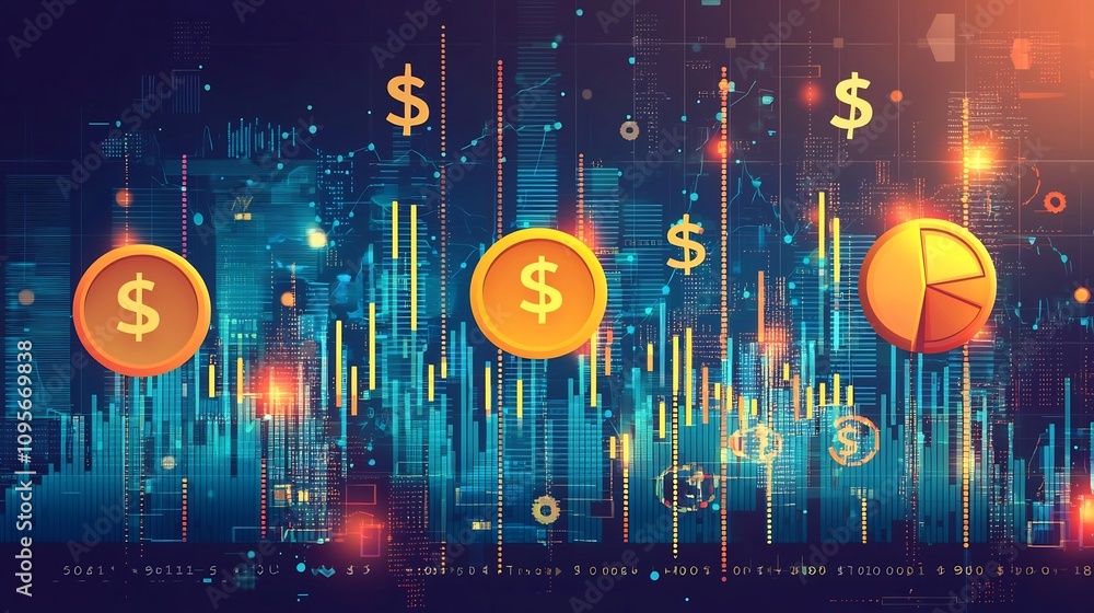 Poster of a portfolio management dashboard with various financial charts graphs and dollar symbols depicts 