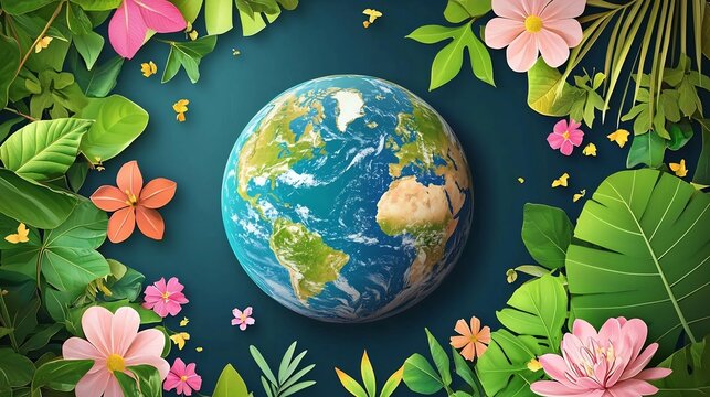 of a vibrant glowing Earth design with lush tropical foliage colorful flowers and a message of ozone preservation and environmental sustainability