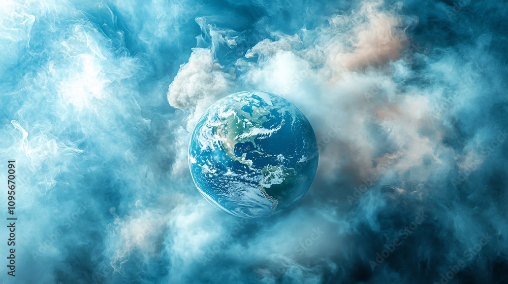 Poster ozone layer protection with dynamic swirling atmospheric visuals surrounding earth globe conceptual 