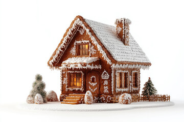 Small house covered in snow beside a glowing Christmas tree. Snowflakes falling gently around, creating a serene winter scene.