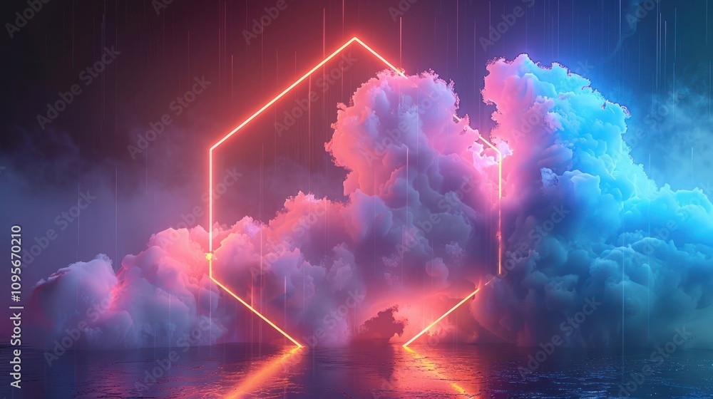 Poster bstract neon background 3d rendering with glowing stormy cloud and hexagonal frame