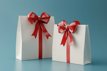 Obraz premium Two white gift bags with red bows, against a black background.