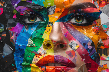 Obraz premium A vibrant portrait of a woman with bold, colorful makeup, featuring an artistic collage of various materials that create a striking mosaic effect.