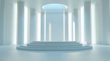 Obraz premium Circular Platform in a Minimalist White Room with Columns and a Circular Skylight