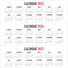 2025 2026 2027 year calendar vector design template