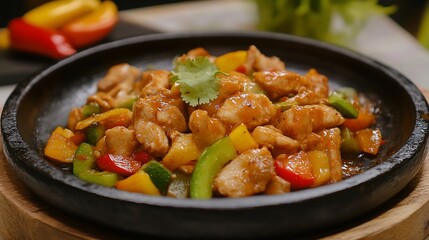 Delicious chicken stir-fry with bell peppers in a sizzling hot pan.