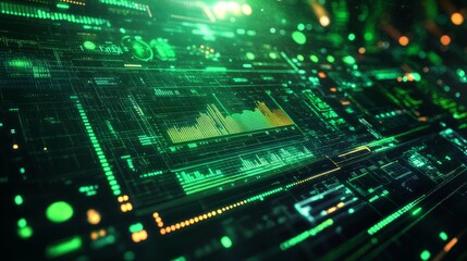 Fototapeta premium Futuristic green digital interface with data visualization and graphs.