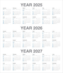 2025 2026 2027 year calendar vector design template