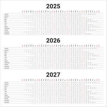 2025 2026 2027 year calendar vector design template