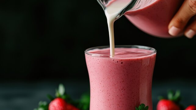 A vibrant pink smoothie is being poured into a glass, surrounded by fresh strawberries, creating a refreshing and inviting scene. - Powered by Adobe