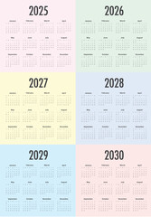 2025 2026 2027 2028 2029 2030 year calendar vector design template