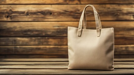 Beige tote bag on wood.