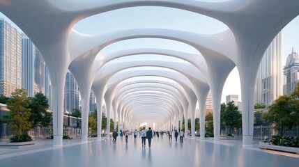 Freedom liberty and unrestricted, A modern architectural space featuring sleek, white pillars and a spacious walkway, filled with people and greenery, set against a backdrop of urban skyscrapers.