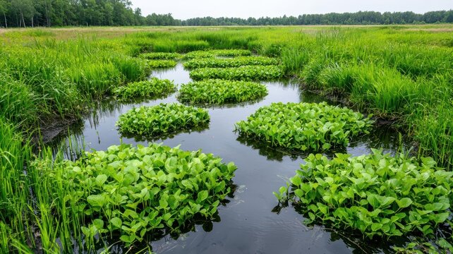 Wetland area designed for natural wastewater filtration, surrounded by diverse plant life   natural filtration, wetland ecosystem