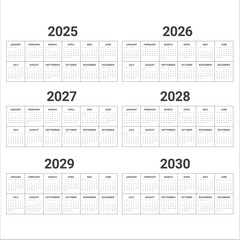 2025 2026 2027 2028 2029 2030 year calendar vector design template