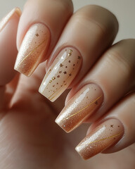 Obraz premium Gorgeous gradient nail design with golden glitter stars and shimmer on long square nails