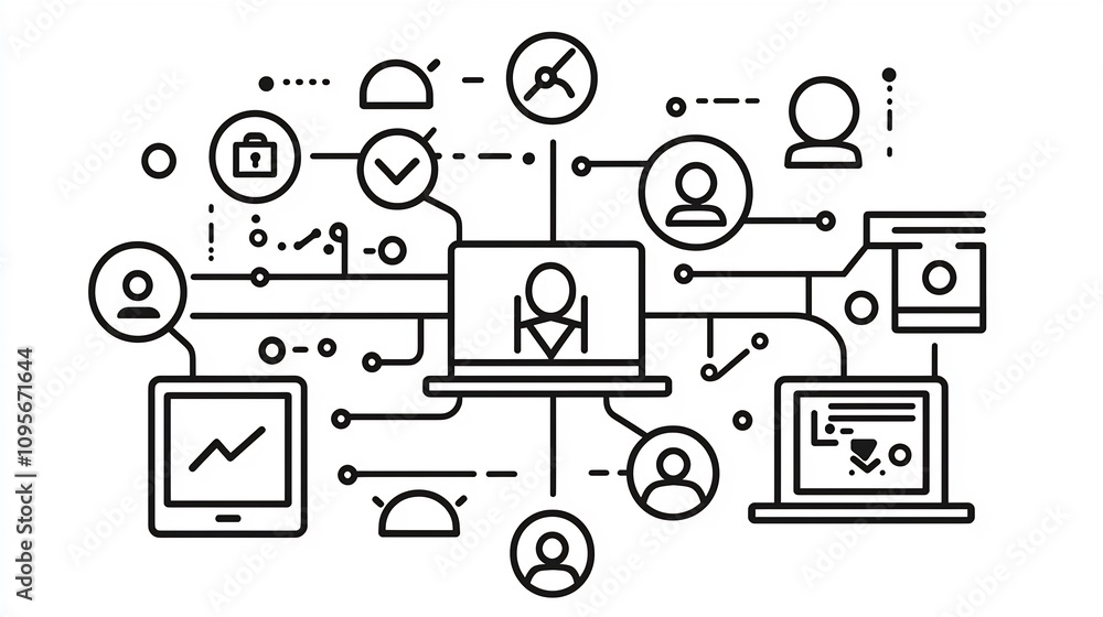 Poster set of 15 minimalist black and white outline icons designed for digital marketing focusing on projec