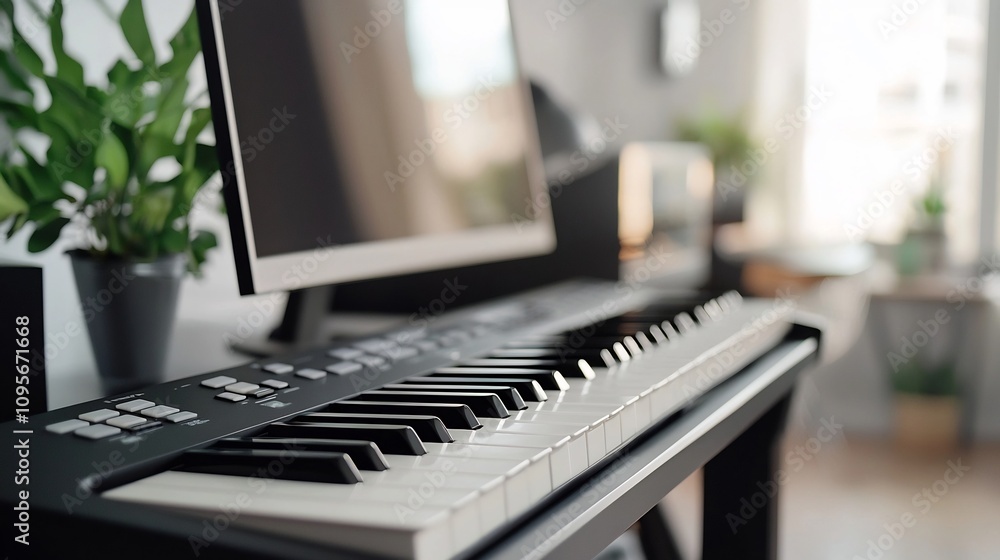 Aufkleber sleek and glossy digital keyboard sitting in a modern minimalist studio setting with monochromatic d