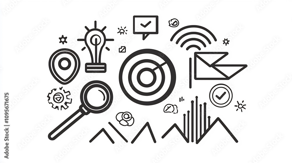 Poster sleek and modern design featuring 15 minimalist black and white outline icons highlighting digital m