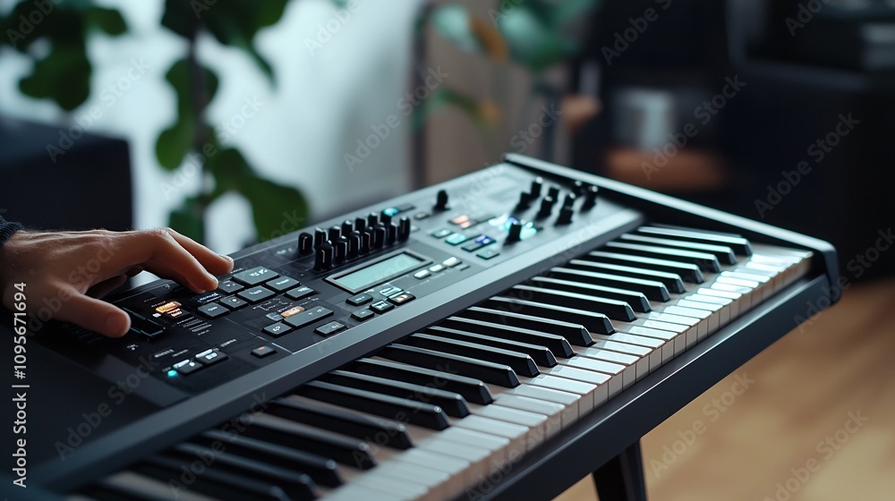 Aufkleber sleek and modern digital keyboard in a minimalist studio setting featuring a glossy black and white 