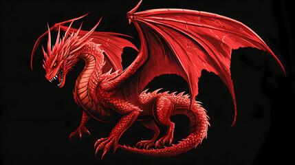 Red-headed dragon vector illustration with wings on black background. Crimson Dragon Flight. Illustration