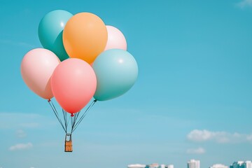 Naklejka premium Freedom liberty and unrestricted, Colorful balloons float against a bright blue sky, evoking a sense of joy and freedom, perfect for celebrations and uplifting moments.