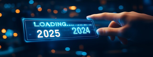 Obraz premium Progress and transition from 2024 to 2025 concept. A person pointing to loading bar transitioning from 2024 to 2025, progress, future planning, and new year goals. annual planning and business growth